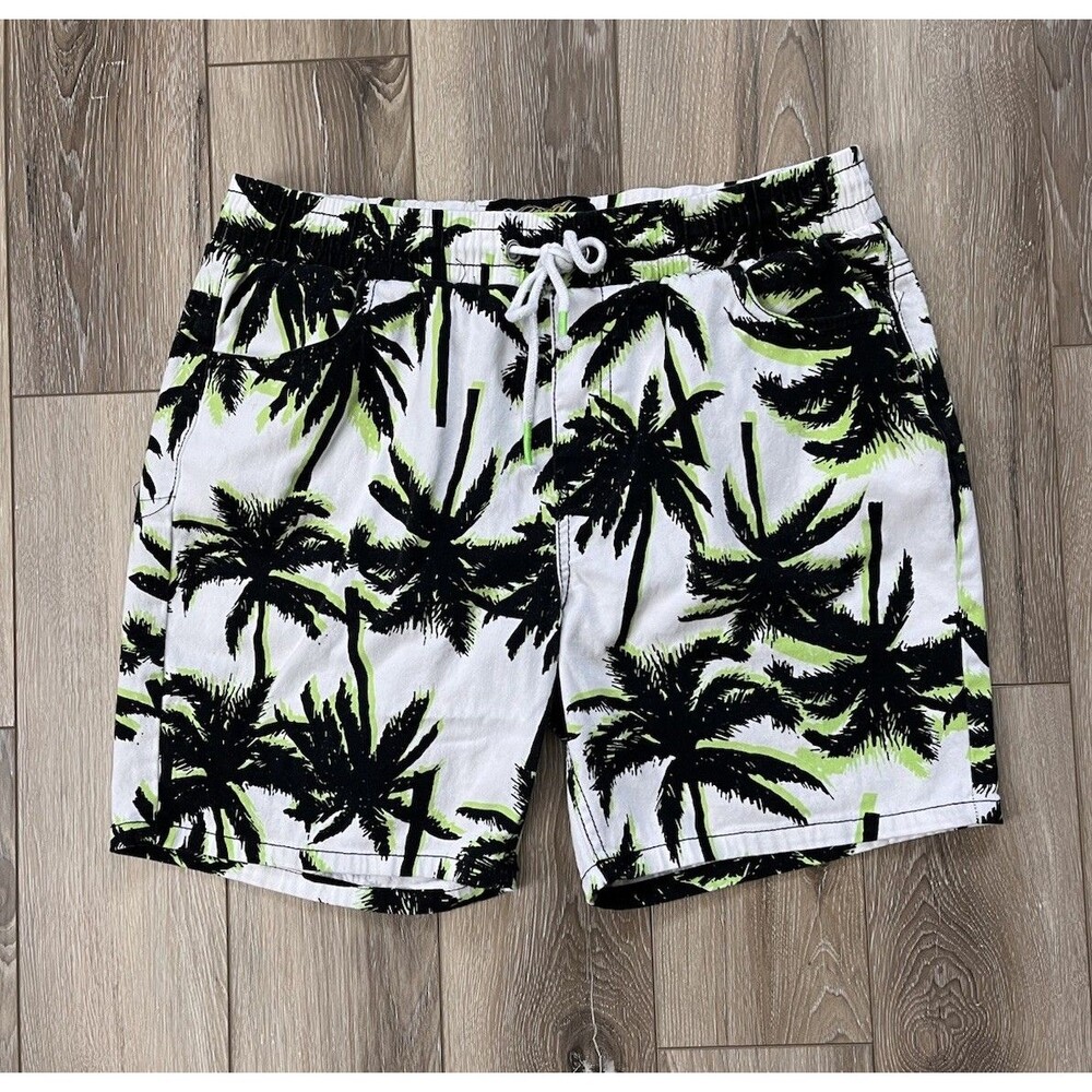 Good Vibes by Drill Clothing Company Palm Tree Drawstring Swim Shorts Sz Medium